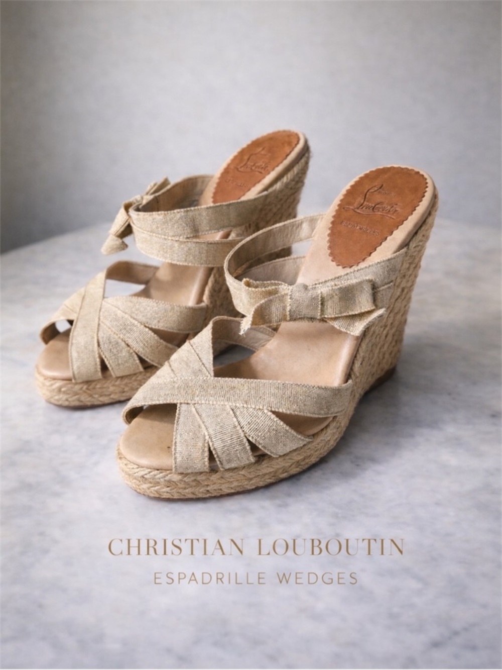 Christian Louboutin Isabelle Espadrille Wedge Sandals Beige canvas Bow w dusty